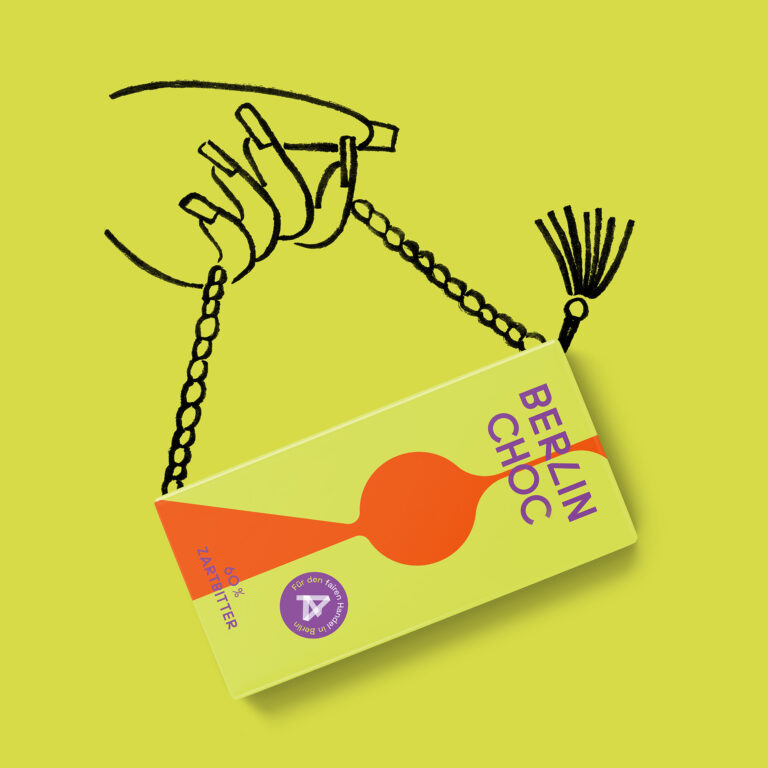 Zeichnung einer Hand mit Handtasche, die eine Schokolade ist