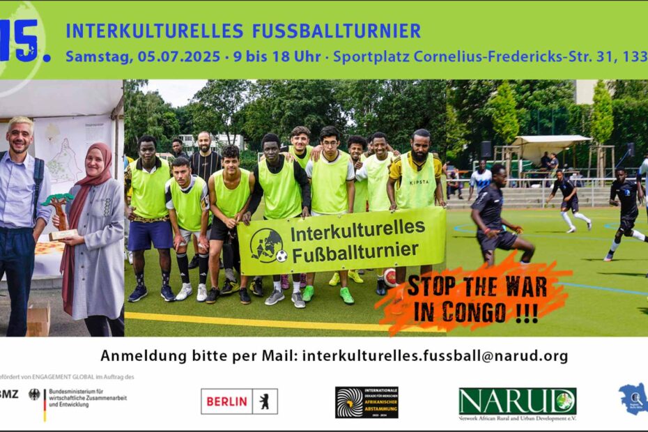 Auf dem Bild sind Fussballer zu sehen sowie alle wichtigen Infos zum 16. interkulturellen Fussballturnier 2026 von NARUD e. V.