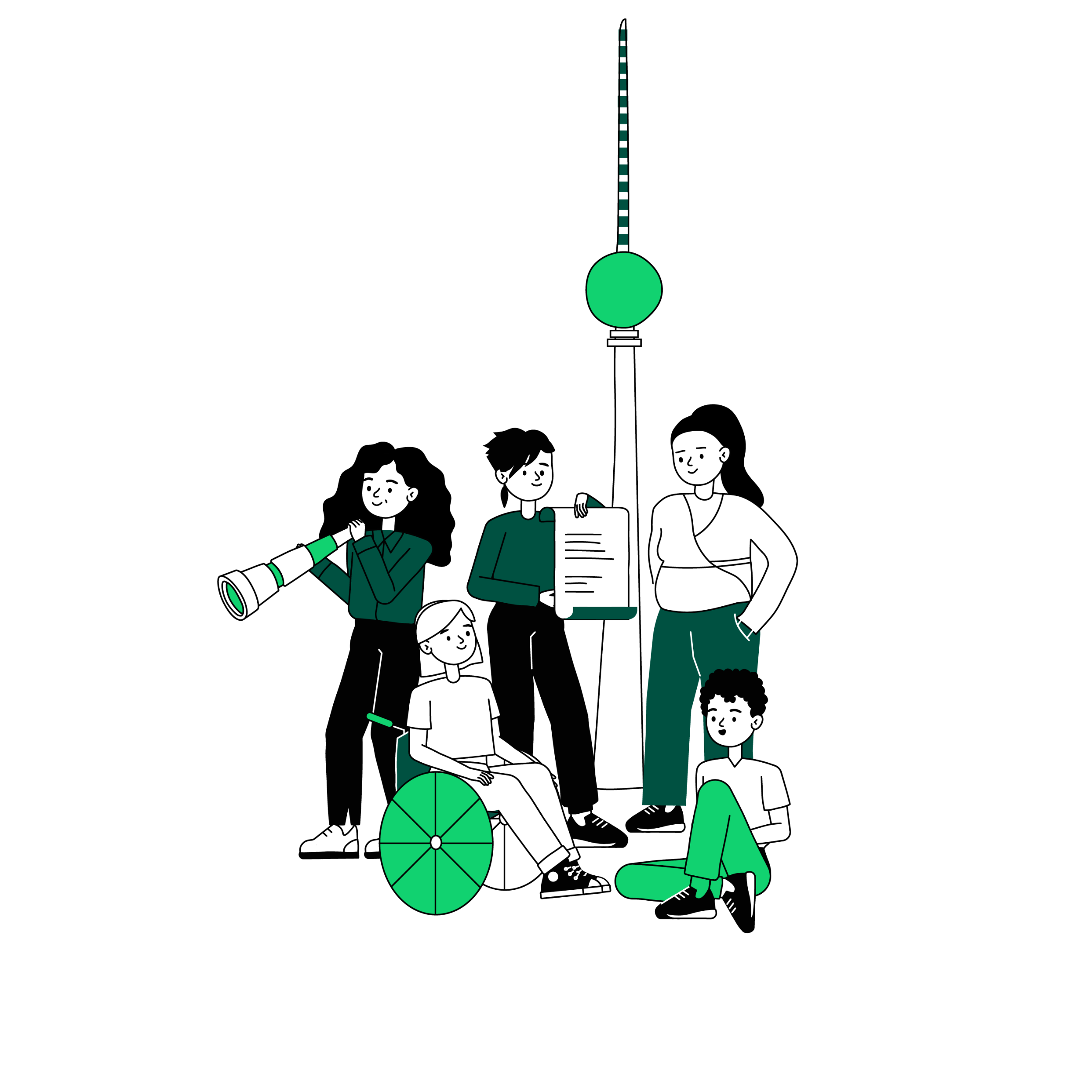 Zeichnung einer Gruppe von Personen vor dem Fernsehturm in Berlin