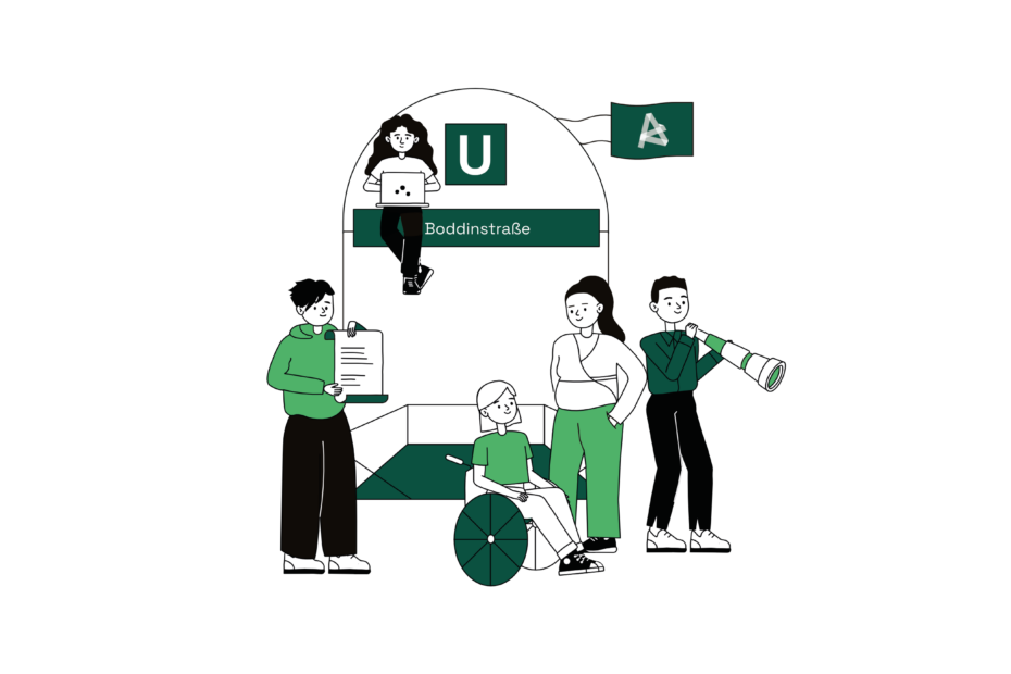 Zeichnung mit Personen vor der U-Bahn Boddinstrasse