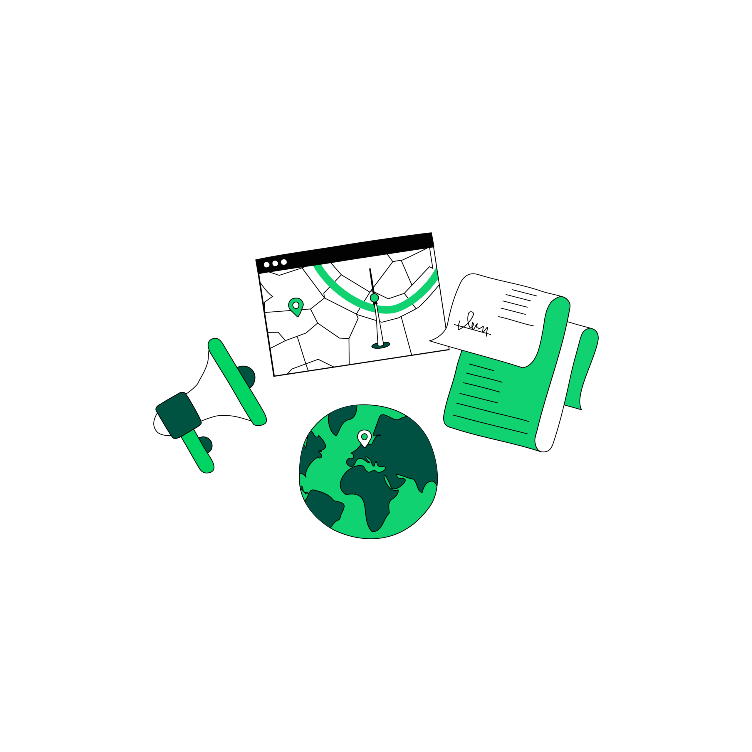 Zeichnung einer Landkarte, einer Weltkugel, eines Dokuments und eines Megaphone