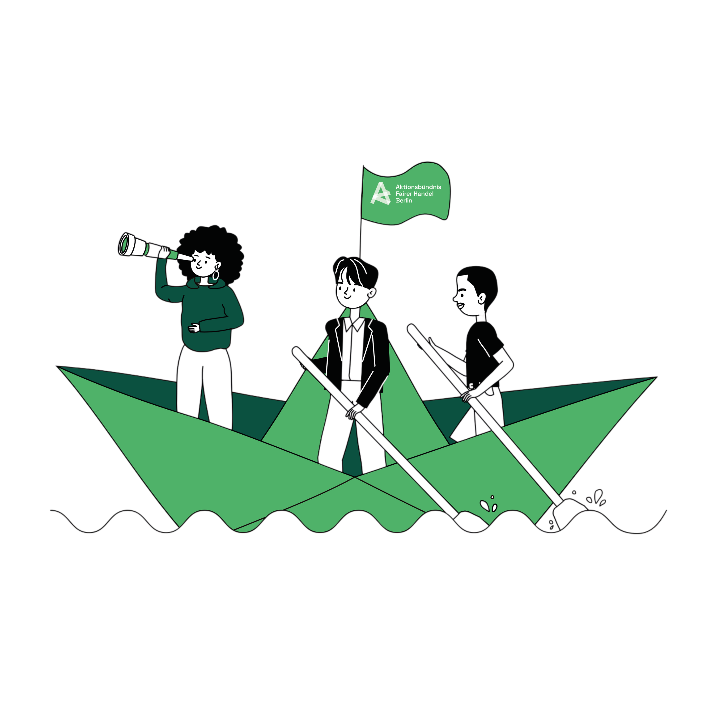 Zeichnung eines Bootes mit Menschen und einer Flagge