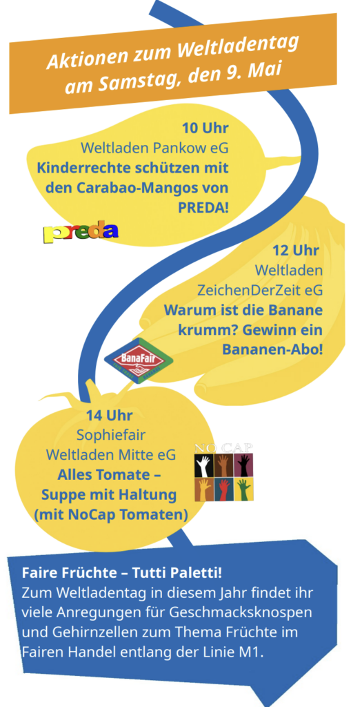 Zweitseitiger Flyer zu der Aktion Faire Tram-Tour am 9.5. (Weltladentag) mit allen 3 Stationen vom Weltladen Pankow über den Weltladen ZeichenDerZeit bis zum Weltladen in Mitte SophieFair mit den entsprechenden Themen und Uhrzeiten. Eingezeichnet sind die drei Tramstationen der M1 bei den drei Weltläden.