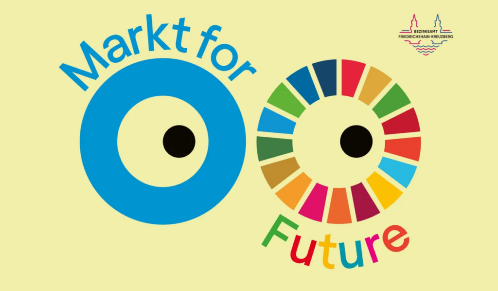 Auf dem Bild sind zwei Kreise mit Augen zu sehen, die die 17 SDGs darstellen sollen. Das Bild bewirbt den SDG_Markt am 22.08.2026 bei der Pablo Neruda Bücherei.
