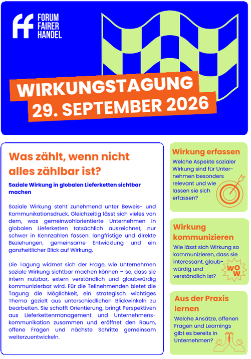 Auf dem Bild sind die wichtigsten Infos zur Wirkungstagung des Forum Fairer Handel Ende September 2026